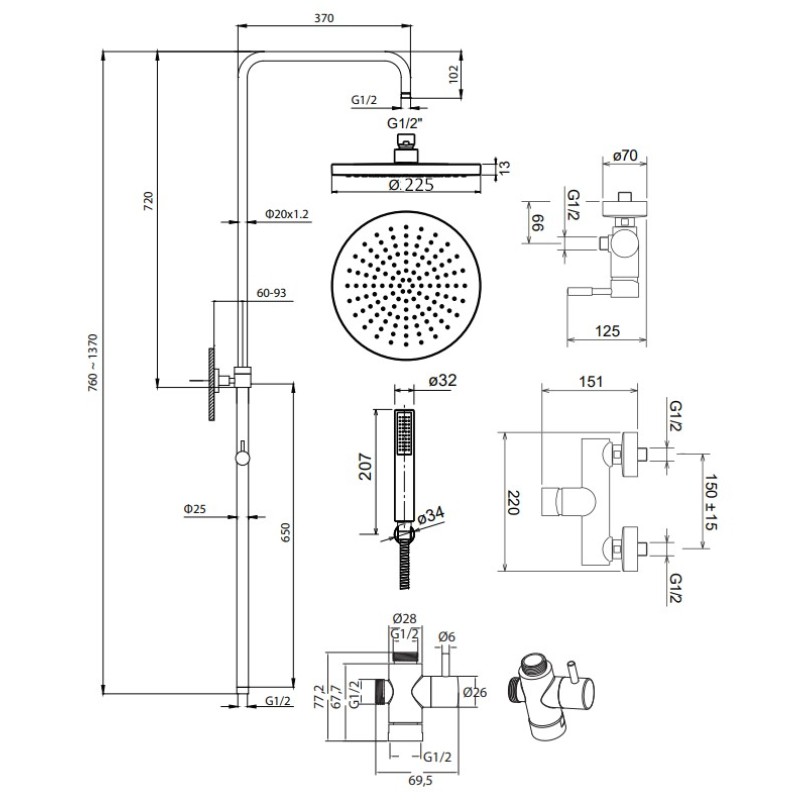 Μπαταρία ντουζιέρας με κολώνα ρυθμιζόμενου ύψους 12065-221 New Tech La Torre