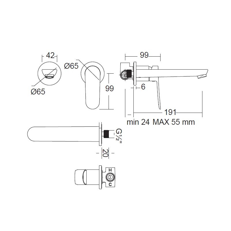 Μπαταρία νιπτήρος εντοιχισμού 2 οπών 174904-100 Res Eurorama
