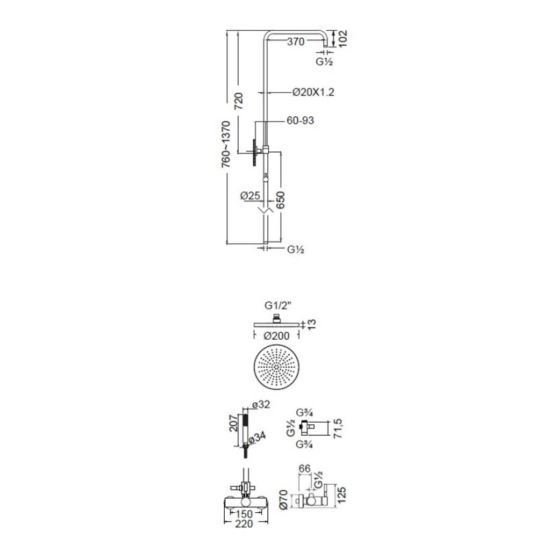 Μπαταρία ντουζιέρας με κολώνα ρυθμιζόμενου ύψους 34065-100 Elle La Torre