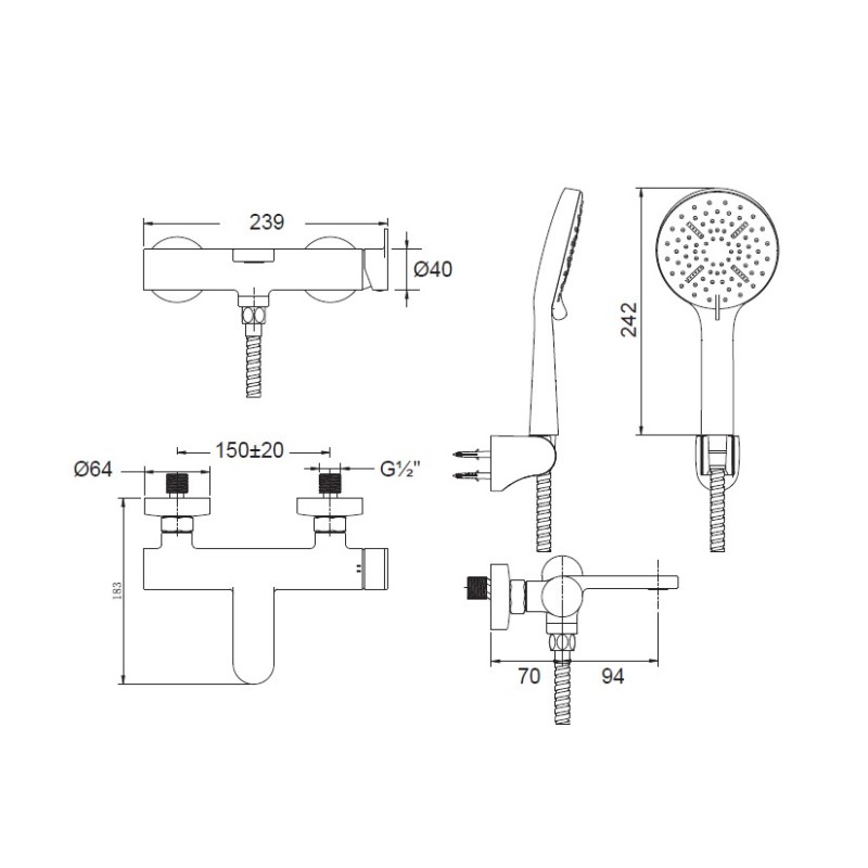 Μπαταρία λουτρού με τηλέφωνο, στήριγμα τηλεφώνου & σπιράλ 3500-100 Mist Cora