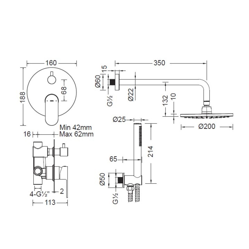 Πλήρες σετ ντουζιέρας εντοιχισμού 2 εξόδων 3555-100+S055-100 Mist Cora