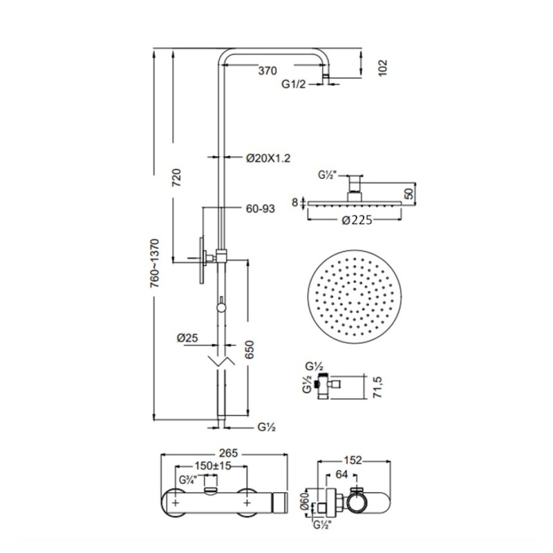 Μπαταρία ντουζιέρας με κολώνα ρυθμιζόμενου ύψους 500065-410 Slim Armando Vicario