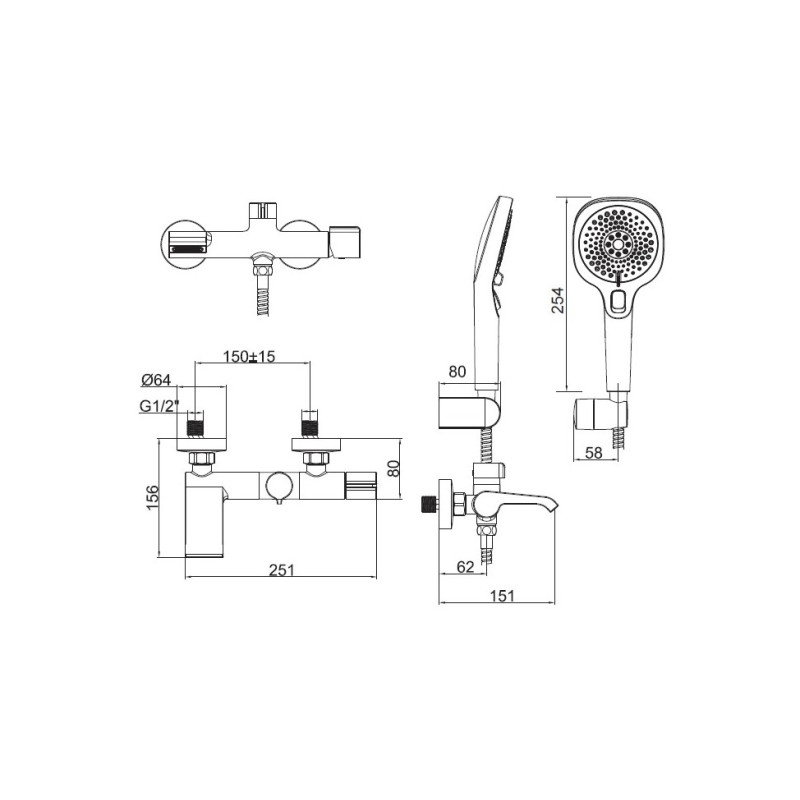 Μπαταρία λουτρού με τηλέφωνο, στήριγμα τηλεφώνου & σπιράλ 7200-100 Occo Cora