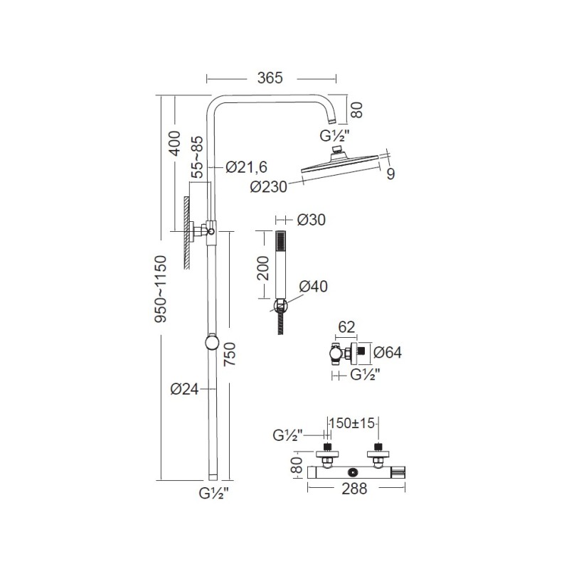 Μπαταρία ντουζιέρας / λουτρού με κολώνα ρυθμιζόμενου ύψους 720066-100 Occo Cora