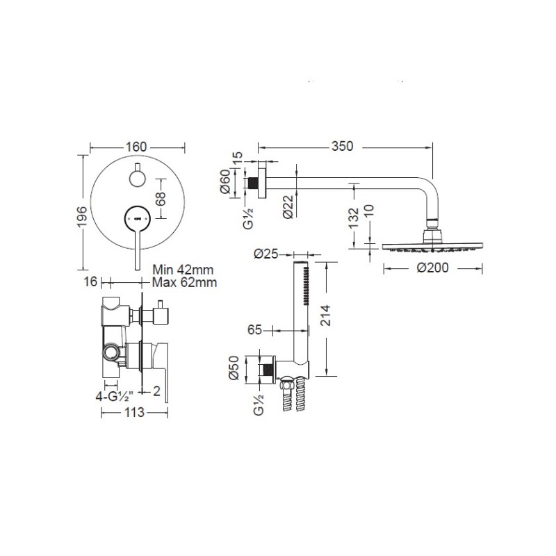Πλήρες σετ ντουζιέρας εντοιχισμού 2 εξόδων 7255-100+S055-100 Occo Cora