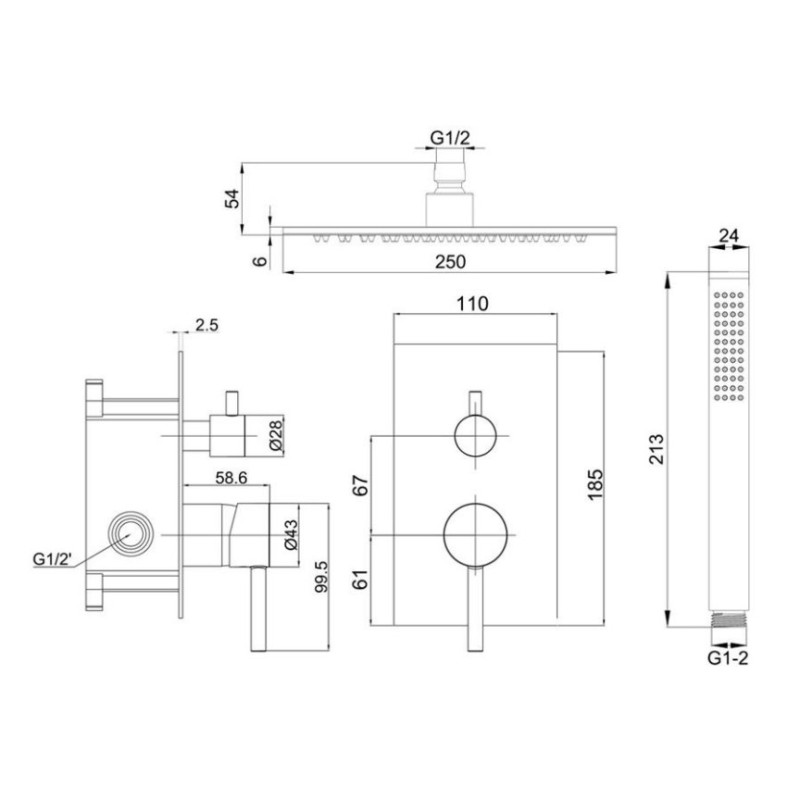 Πλήρες σετ εντοιχισμού ντουζιέρας 2 εξόδων 087825 Fine Interflex