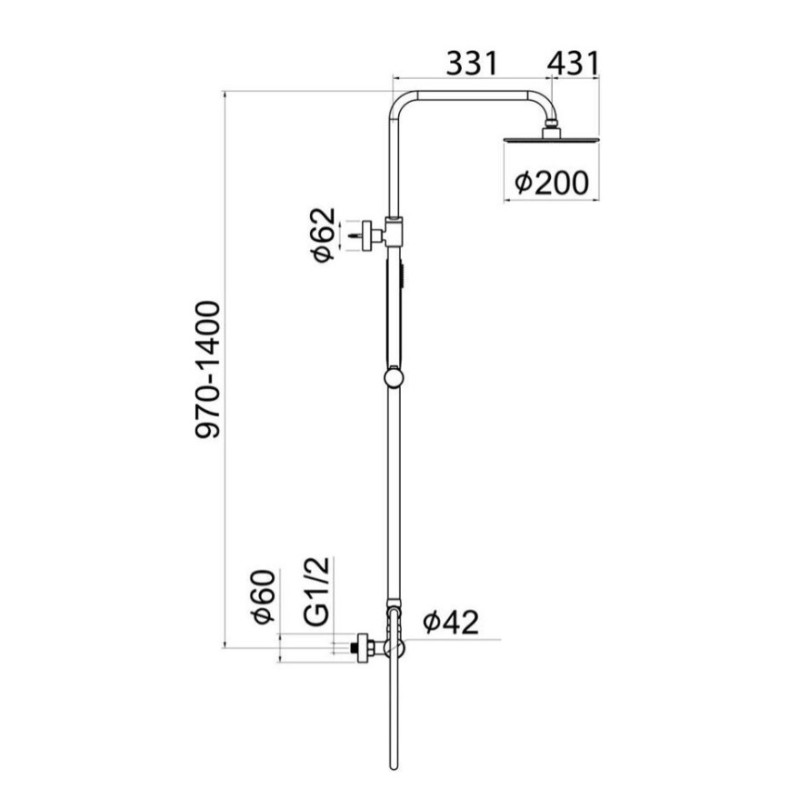 Μπαταρία ντουζιέρας με κολώνα ρυθμιζόμενου ύψους 97-140cm Hermes Interfex