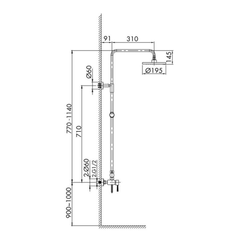 Μπαταρία ντουζιέρας με κολώνα ρυθμιζόμενου ύψους 087197 Mod Interflex