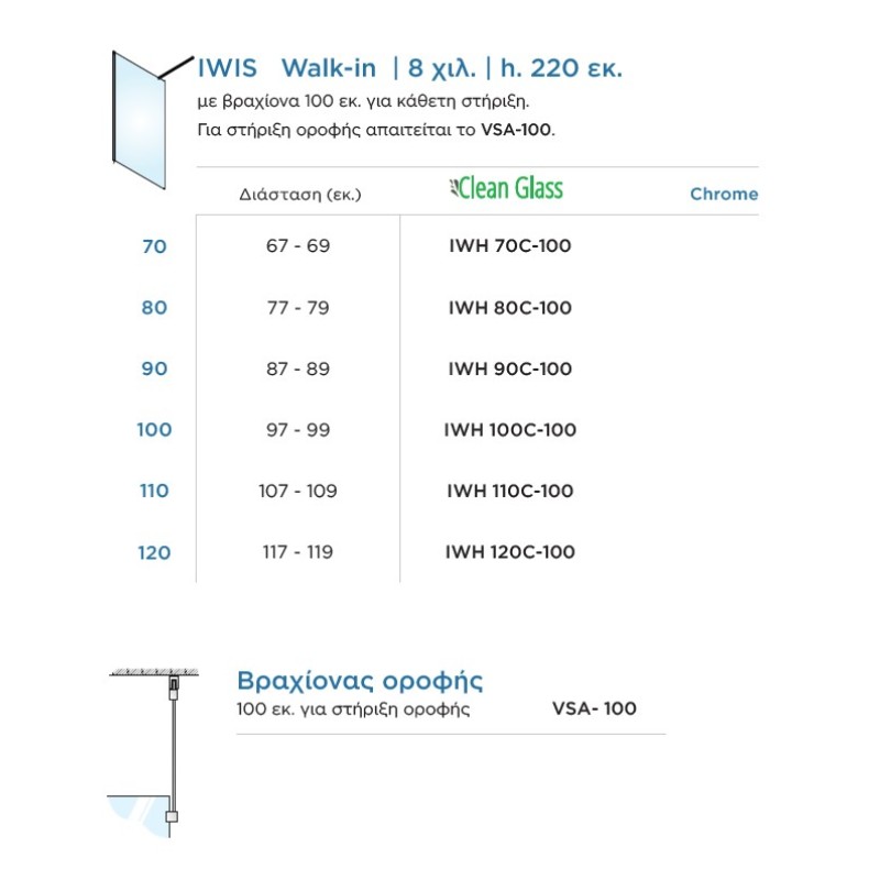 Διαχωριστικό ντουζιέρας h.220cm χρωμέ IWH_C-100 Iwis Walk-in Devon