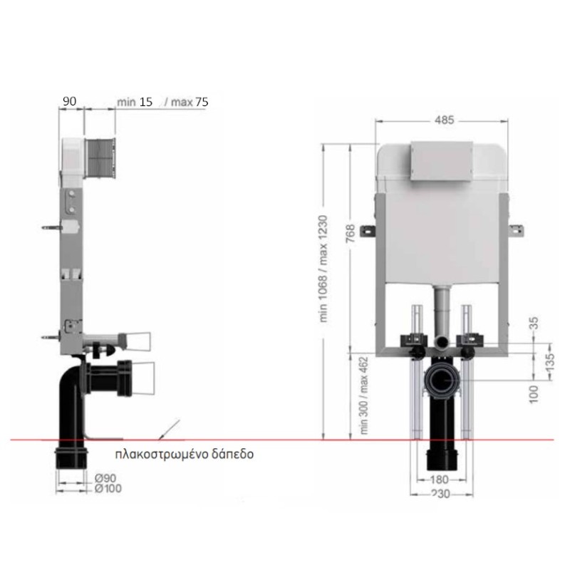 Καζανάκι εντοιχιζόμενο μονότουβλο για κρεμαστή λεκάνη, με πόδια στήριξης 2917 Slim Fit Wisa