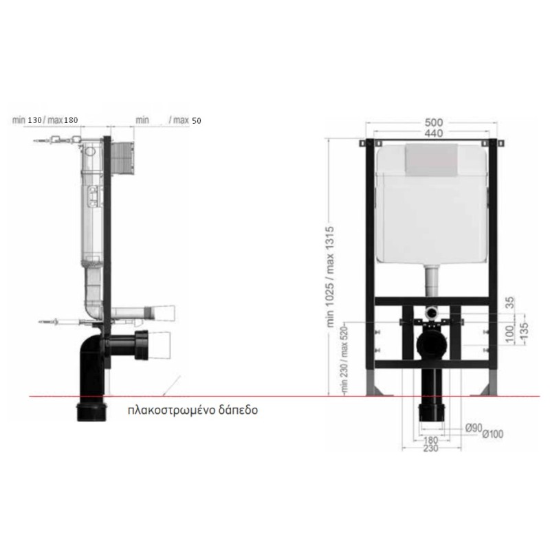 Καζανάκι εντοιχιζόμενο γυψοσανίδας 50cm για κρεμαστή λεκάνη, με πόδια στήριξης 2920 Slim Plus Wisa