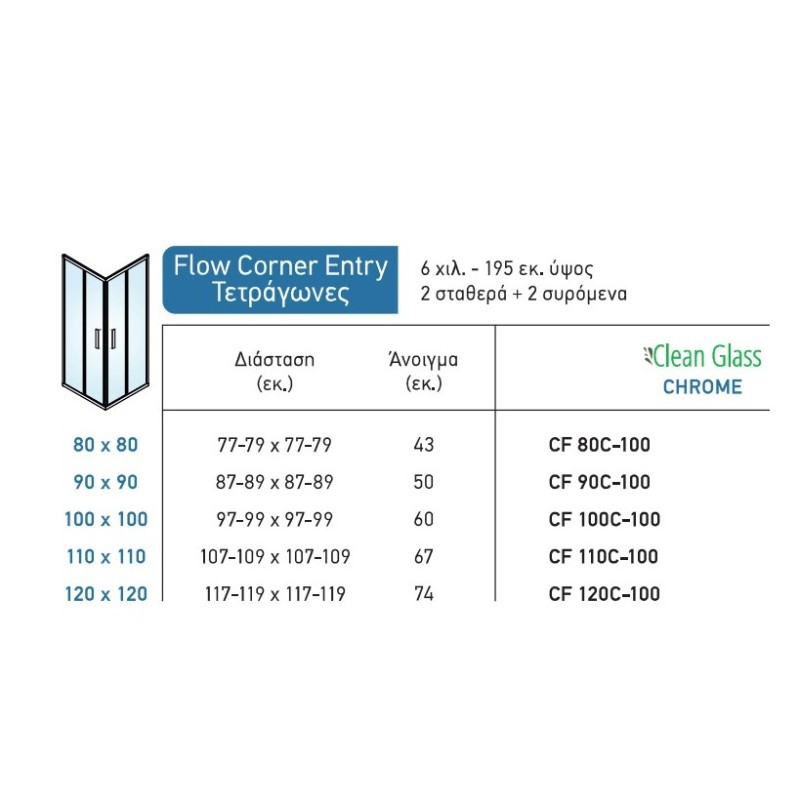 Καμπίνα ντουζιέρας h.195cm τετράγωνη με 2 σταθερά & 2 συρόμενα φύλλα χρωμέ CF_C-100 Flow Corner Entry Devon