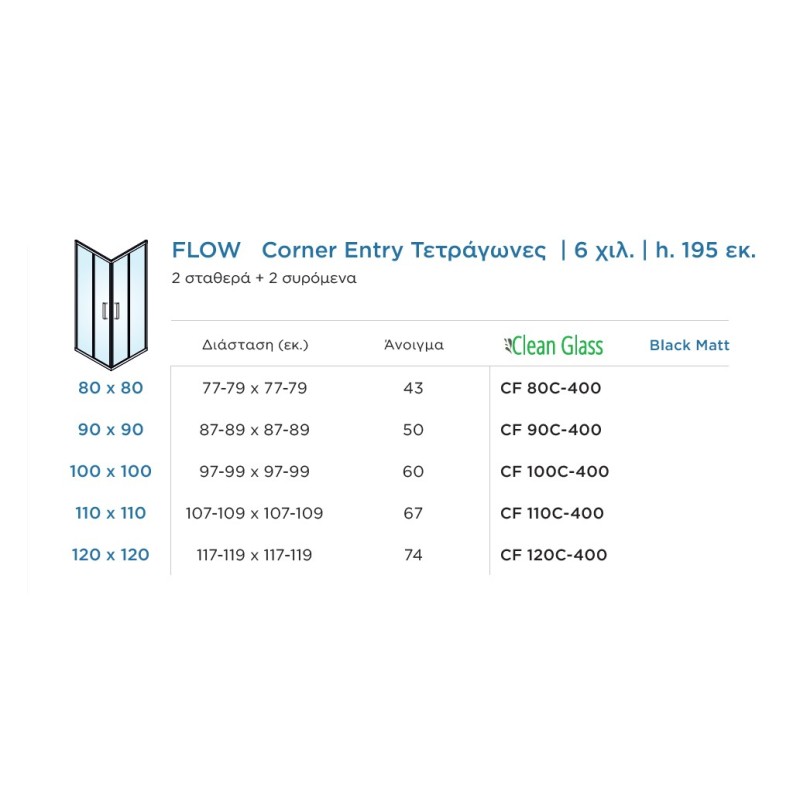 Καμπίνα ντουζιέρας h.195cm τετράγωνη με 2 σταθερά & 2 συρόμενα φύλλα black matt CF_C-400 Flow Corner Entry Devon Καμπίνα ντουζιέρας h.195cm τετράγωνη με 2 σταθερά & 2 συρόμενα φύλλα black matt CF_C-400 Flow Corner Entry Devon