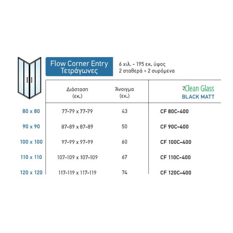 Καμπίνα ντουζιέρας h.195cm τετράγωνη με 2 σταθερά & 2 συρόμενα φύλλα black matt CF_C-400 Flow Corner Entry Devon