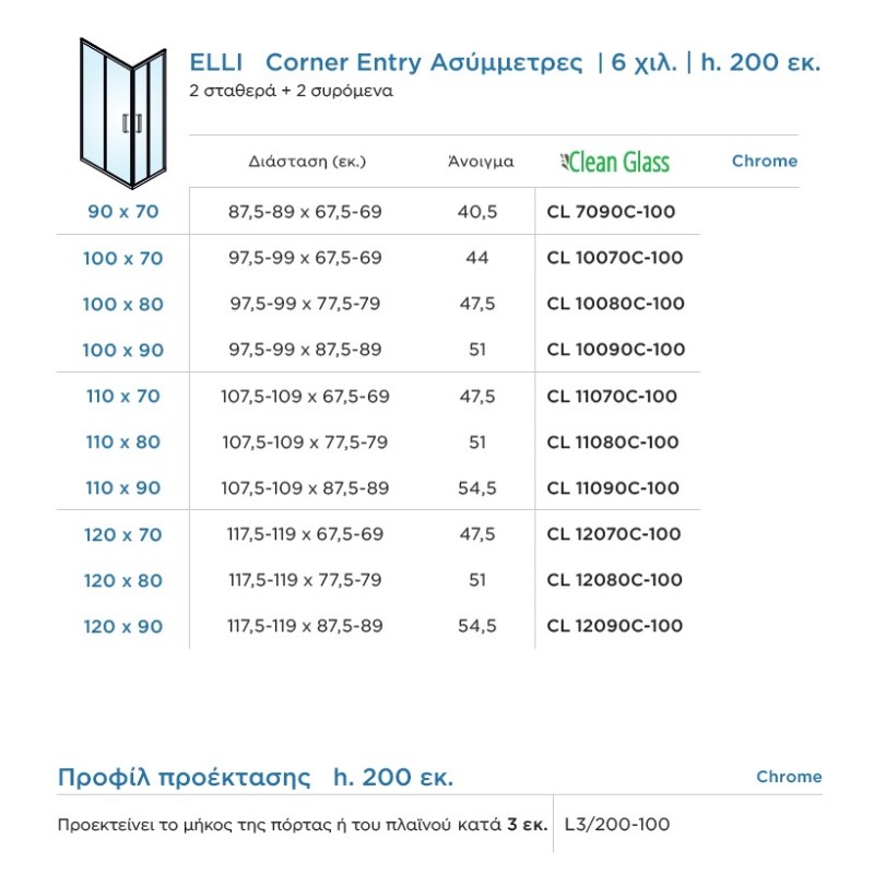 Καμπίνα ντουζιέρας h.200cm ασύμμετρη με 2 σταθερά & 2 συρόμενα φύλλα χρωμέ CL_C-100 Elli Corner Entry Devon