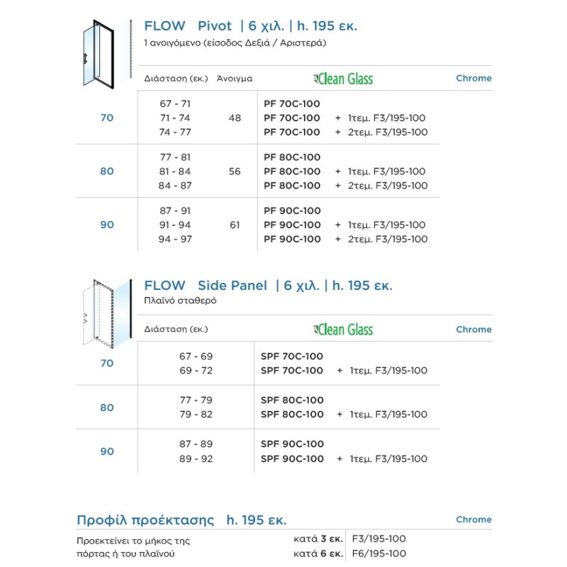 Καμπίνα ντουζιέρας h.195cm με 1 ανοιγόμενο φύλλο χρωμέ PF_C-100 Flow Pivot Devon
