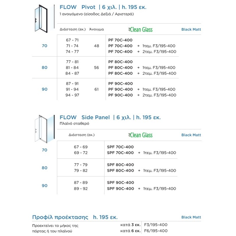 Καμπίνα ντουζιέρας h.195cm με 1 ανοιγόμενο φύλλο black matt PF_C-400 Flow Pivot Devon