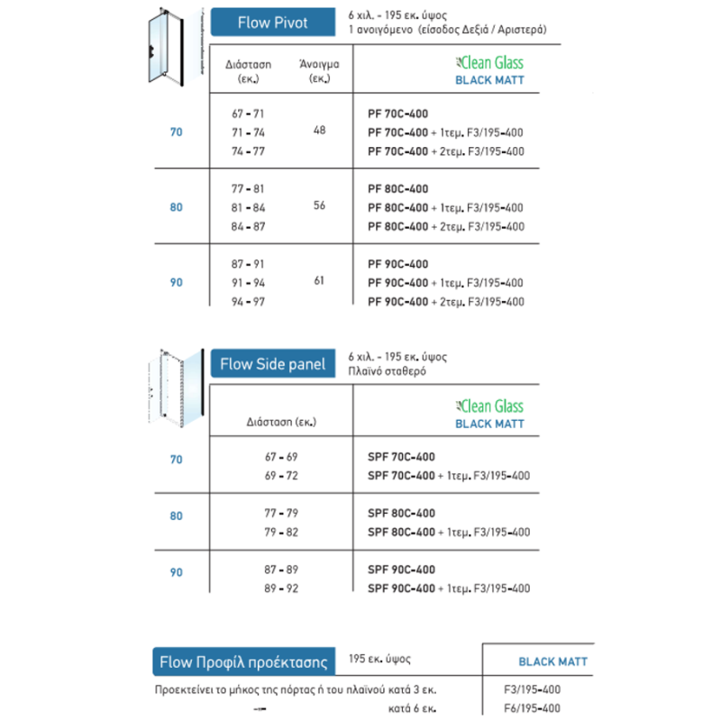 Καμπίνα ντουζιέρας h.195cm με 1 ανοιγόμενο φύλλο black matt PF_C-400 Flow Pivot Devon