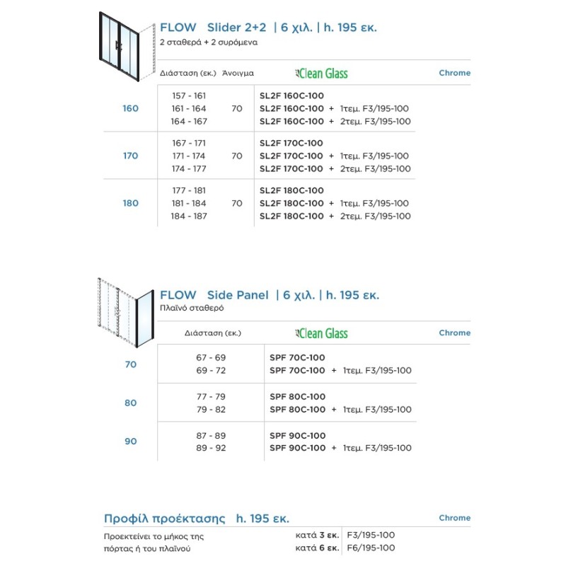 Καμπίνα ντουζιέρας h.195cm με 2 σταθερά & 2 συρόμενα φύλλα χρωμέ SL2F_C-100 Flow Slider 2+2 Devon