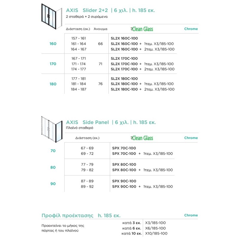 Καμπίνα ντουζιέρας h.185cm με 2 σταθερά & 2 συρόμενα φύλλα χρωμέ SL2X_C-100 Slider 2+2 Axis