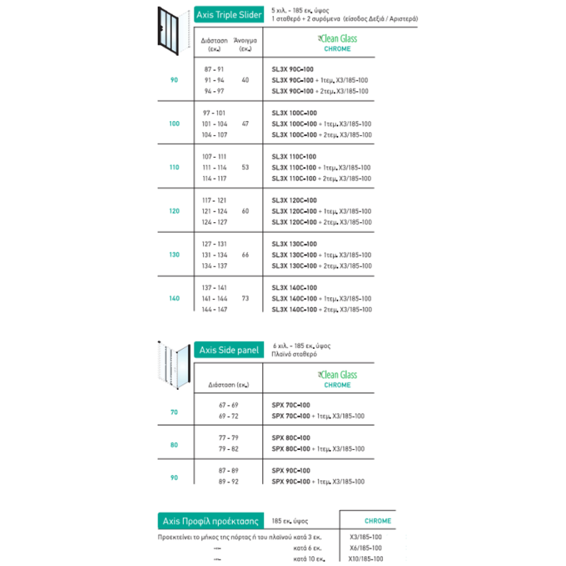 Καμπίνα ντουζιέρας h.185cm με 1 σταθερό & 2 συρόμενα φύλλα χρωμέ SL3X_C-100 Axis Triple Slider Axis