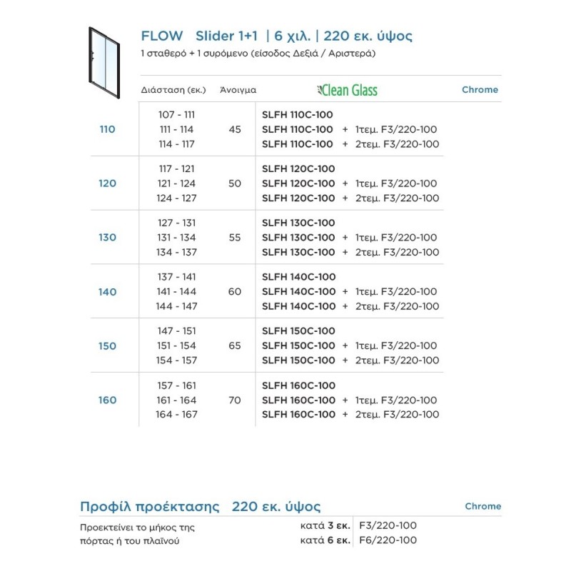 Καμπίνα ντουζιέρας h.220cm με 1 σταθερό & 1 συρόμενο φύλλο χρωμέ SLFH_C-100 Flow Slider 1+1 Devon