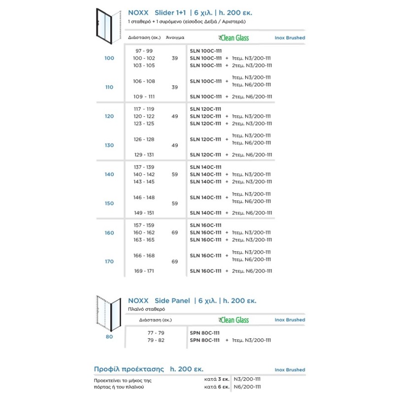 Καμπίνα ντουζιέρας h.200cm με 1 σταθερό & 1 συρόμενο φύλλο inox brushed SLN_C-111 Noxx Slider 1+1 Devon