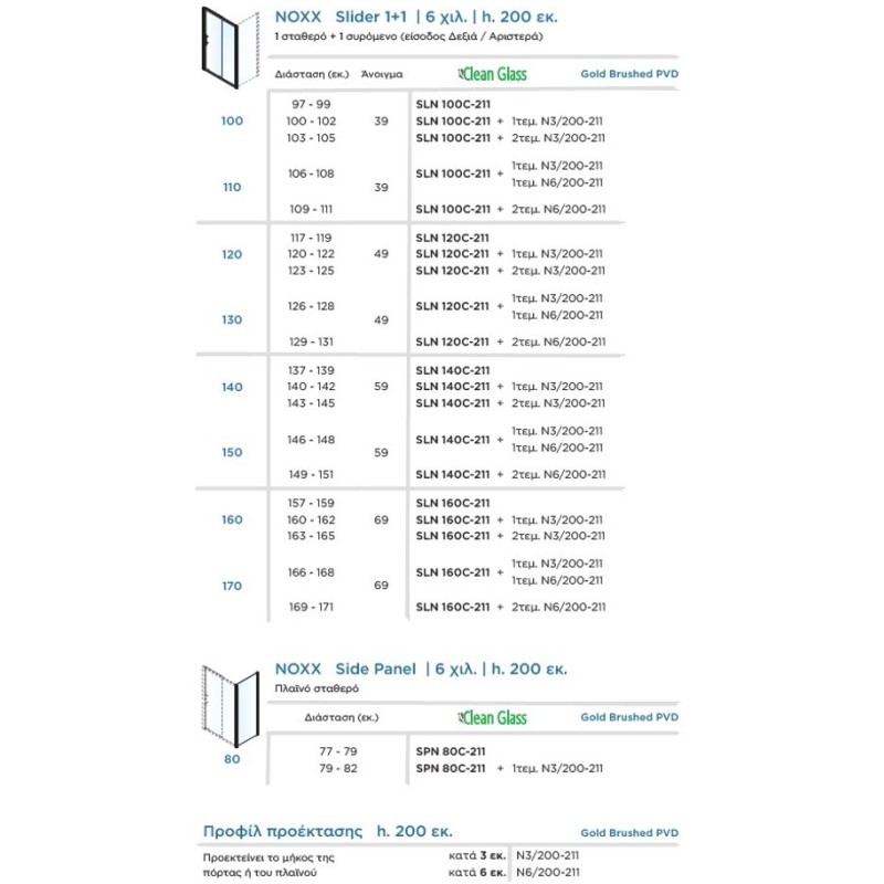 Καμπίνα ντουζιέρας h.200cm με 1 σταθερό & 1 συρόμενο φύλλο gold brushed SLN_C-211 Noxx Slider 1+1 Devon