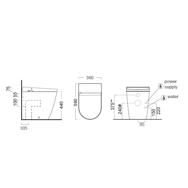 Λεκάνη επιδαπέδια Υ.Π. (back to wall) 59cm με σύστημα ηλεκτρονικού μπιντέ 7410K-300 Pura WClean Swirl GSI